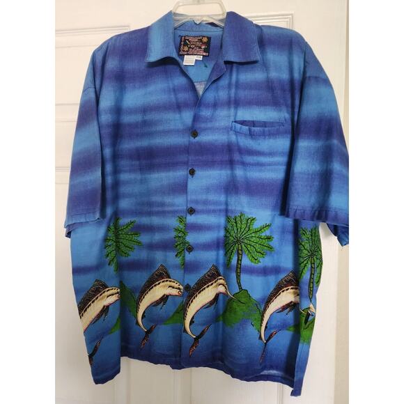 MEN'S "HAWAIIAN SHIRT BY BASIX"-Blue-Dolphins-Button Up-Tropical-Size XXL - Picture 9 of 12